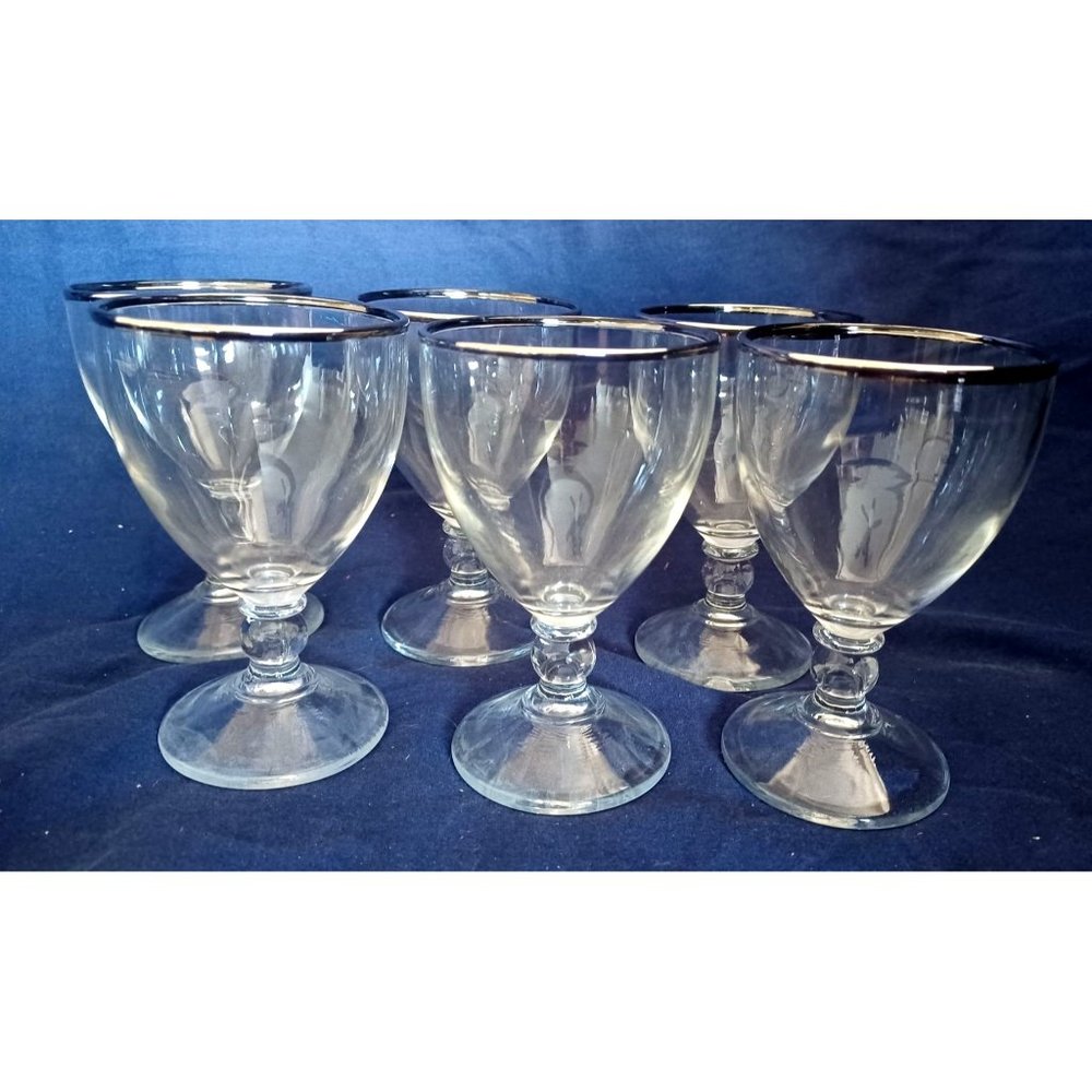 Vintage Set of 6 Silver Rimmed Crystal 8oz wine Bar Liquer Glasses Stemmed